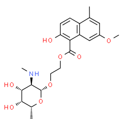 ChemSpider 2D Image | 2-{[2,6-Dideoxy-2-(methylamino)-beta-D-galactopyranosyl]oxy}ethyl 2-hydroxy-7-methoxy-5-methyl-1-naphthoate | C22H29NO8
