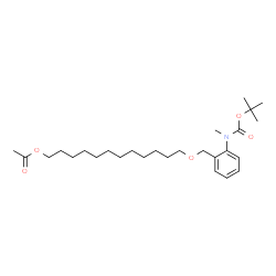 ChemSpider 2D Image | 12-{[2-(Methyl{[(2-methyl-2-propanyl)oxy]carbonyl}amino)benzyl]oxy}dodecyl acetate | C27H45NO5