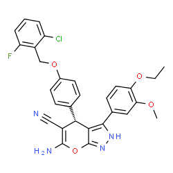 ChemSpider 2D Image | (4S)-6-Amino-4-{4-[(2-chloro-6-fluorobenzyl)oxy]phenyl}-3-(4-ethoxy-3-methoxyphenyl)-2,4-dihydropyrano[2,3-c]pyrazole-5-carbonitrile | C29H24ClFN4O4