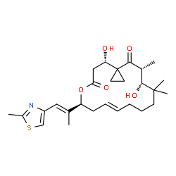 ChemSpider 2D Image | (4S,8S,10E,16R,17R)-4,16-Dihydroxy-15,15,17-trimethyl-8-[(1E)-1-(2-methyl-1,3-thiazol-4-yl)-1-propen-2-yl]-7-oxaspiro[2.15]octadec-10-ene-6,18-dione | C27H39NO5S
