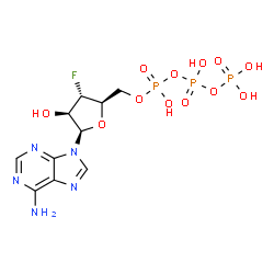 ChemSpider 2D Image | 9-[3-Deoxy-3-fluoro-5-O-(hydroxy{[hydroxy(phosphonooxy)phosphoryl]oxy}phosphoryl)-beta-D-arabinofuranosyl]-9H-purin-6-amine | C10H15FN5O12P3