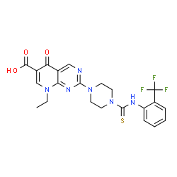 ChemSpider 2D Image | 8-Ethyl-5-oxo-2-(4-{[2-(trifluoromethyl)phenyl]carbamothioyl}-1-piperazinyl)-5,8-dihydropyrido[2,3-d]pyrimidine-6-carboxylic acid | C22H21F3N6O3S