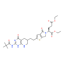 ChemSpider 2D Image | Diethyl (2S)-2-[2-(2-{2-[(2,2-dimethylpropanoyl)amino]-4-oxo-1,4,5,6,7,8-hexahydropyrido[2,3-d]pyrimidin-6-yl}ethyl)-4-oxo-4,6-dihydro-5H-thieno[2,3-c]pyrrol-5-yl]pentanedioate | C29H39N5O7S