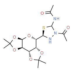 ChemSpider 2D Image | N-{(5R)-3-Acetyl-5-[(3aR,5S,5aR,8aS,8bR)-2,2,7,7-tetramethyltetrahydro-3aH-bis[1,3]dioxolo[4,5-b:4',5'-d]pyran-5-yl]-1,3,4-thiadiazolidin-2-yl}acetamide | C17H27N3O7S