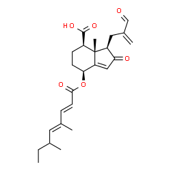 ChemSpider 2D Image | (1R,4S,7R,7aS)-4-{[(2E,4E)-4,6-Dimethyl-2,4-octadienoyl]oxy}-1-(2-formyl-2-propen-1-yl)-7a-methyl-2-oxo-2,4,5,6,7,7a-hexahydro-1H-indene-7-carboxylic acid | C25H32O6