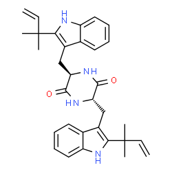 ChemSpider 2D Image | (3R,6S)-3,6-Bis{[2-(2-methyl-3-buten-2-yl)-1H-indol-3-yl]methyl}-2,5-piperazinedione | C32H36N4O2