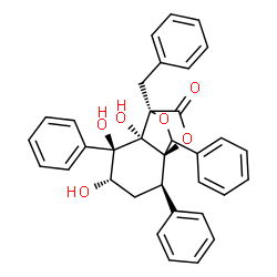 ChemSpider 2D Image | (1R,2R,4S,5R,6S,7R)-7-Benzyl-4,5,6-trihydroxy-2,5,9-triphenyl-8,10-dioxatricyclo[5.2.2.0~1,6~]undecan-11-one | C34H30O6