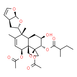 ChemSpider 2D Image | (1R,2S,3R,4aR,5R,8S,8aR)-8-Acetoxy-8a-(acetoxymethyl)-3-hydroxy-5,6-dimethyl-5-[(2S,3aS,6aS)-2,3,3a,6a-tetrahydrofuro[2,3-b]furan-2-yl]-3,4,4a,5,8,8a-hexahydro-2H-spiro[naphthalene-1,2'-oxiran]-2-yl 2
-methylbutanoate | C29H40O10
