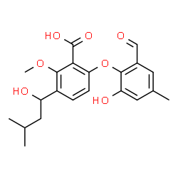 ChemSpider 2D Image | 6-(2-Formyl-6-hydroxy-4-methylphenoxy)-3-(1-hydroxy-3-methylbutyl)-2-methoxybenzoic acid | C21H24O7