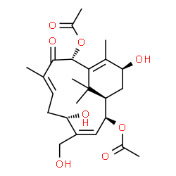 ChemSpider 2D Image | (1R,2S,3Z,5S,7E,10R,13S)-5,13-Dihydroxy-4-(hydroxymethyl)-8,12,15,15-tetramethyl-9-oxobicyclo[9.3.1]pentadeca-3,7,11-triene-2,10-diyl diacetate | C24H34O8