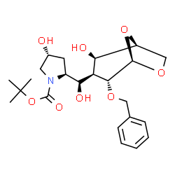 ChemSpider 2D Image | 2-Methyl-2-propanyl (2S,4R)-2-[(R)-[(1S,2R,3S,4R,5R)-4-(benzyloxy)-2-hydroxy-6,8-dioxabicyclo[3.2.1]oct-3-yl](hydroxy)methyl]-4-hydroxy-1-pyrrolidinecarboxylate | C23H33NO8