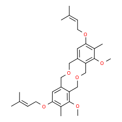 ChemSpider 2D Image | 1,11-Dimethoxy-2,10-dimethyl-3,9-bis[(3-methyl-2-buten-1-yl)oxy]-5,7,12,14-tetrahydrodibenzo[c,h][1,6]dioxecine | C30H40O6