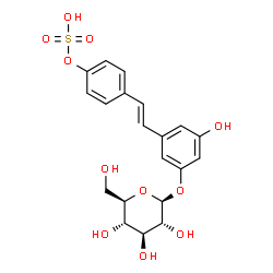 ChemSpider 2D Image | 4-{(E)-2-[3-(beta-D-Glucopyranosyloxy)-5-hydroxyphenyl]vinyl}phenyl hydrogen sulfate | C20H22O11S