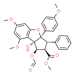 ChemSpider 2D Image | Methyl (1R,2R,3S,3aR,8bS)-1-(formyloxy)-8b-hydroxy-6,8-dimethoxy-3a-(4-methoxyphenyl)-3-phenyl-2,3,3a,8b-tetrahydro-1H-benzo[b]cyclopenta[d]furan-2-carboxylate | C29H28O9