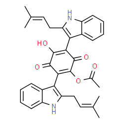 ChemSpider 2D Image | 4-Hydroxy-2,5-bis[2-(3-methyl-2-buten-1-yl)-1H-indol-3-yl]-3,6-dioxo-1,4-cyclohexadien-1-yl acetate | C34H32N2O5