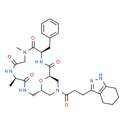 ChemSpider 2D Image | (1R,4R,10R,14S)-4-Benzyl-6,10-dimethyl-16-[3-(4,5,6,7-tetrahydro-1H-indazol-3-yl)propanoyl]-18-oxa-3,6,9,12,16-pentaazabicyclo[12.3.1]octadecane-2,5,8,11-tetrone | C31H41N7O6