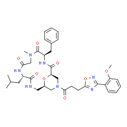 ChemSpider 2D Image | (1R,4R,10S,14R)-4-Benzyl-10-isobutyl-16-{3-[3-(2-methoxyphenyl)-1,2,4-oxadiazol-5-yl]propanoyl}-6-methyl-18-oxa-3,6,9,12,16-pentaazabicyclo[12.3.1]octadecane-2,5,8,11-tetrone | C36H45N7O8