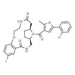 ChemSpider 2D Image | (1R,17S)-20-[5-(2-Chlorophenyl)-2-methyl-3-furoyl]-7-fluoro-11-oxa-3,14,20-triazatricyclo[15.2.1.0~5,10~]icosa-5,7,9-triene-4,15-dione | C28H27ClFN3O5
