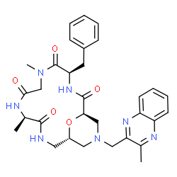 ChemSpider 2D Image | (1R,4R,10R,14S)-4-Benzyl-6,10-dimethyl-16-[(3-methyl-2-quinoxalinyl)methyl]-18-oxa-3,6,9,12,16-pentaazabicyclo[12.3.1]octadecane-2,5,8,11-tetrone | C31H37N7O5