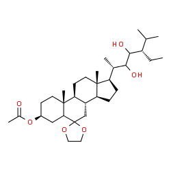 ChemSpider 2D Image | (3S,8S,9S,10R,13S,14S,17R)-17-[(2S,5S)-5-Ethyl-3,4-dihydroxy-6-methyl-2-heptanyl]-10,13-dimethylhexadecahydrospiro[cyclopenta[a]phenanthrene-6,2'-[1,3]dioxolan]-3-yl acetate | C33H56O6
