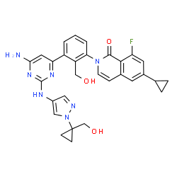 ChemSpider 2D Image | 2-{3-[6-Amino-2-({1-[1-(hydroxymethyl)cyclopropyl]-1H-pyrazol-4-yl}amino)-4-pyrimidinyl]-2-(hydroxymethyl)phenyl}-6-cyclopropyl-8-fluoro-1(2H)-isoquinolinone | C30H28FN7O3