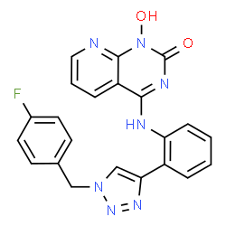 ChemSpider 2D Image | 4-({2-[1-(4-Fluorobenzyl)-1H-1,2,3-triazol-4-yl]phenyl}amino)-1-hydroxypyrido[2,3-d]pyrimidin-2(1H)-one | C22H16FN7O2