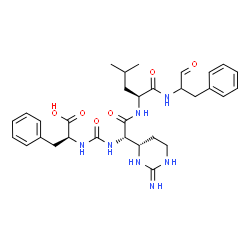 ChemSpider 2D Image | N-{[(1S)-1-[(4S)-2-Iminohexahydro-4-pyrimidinyl]-2-({(2S)-4-methyl-1-oxo-1-[(1-oxo-3-phenyl-2-propanyl)amino]-2-pentanyl}amino)-2-oxoethyl]carbamoyl}-L-phenylalanine | C31H41N7O6