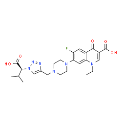 ChemSpider 2D Image | 7-[4-({1-[(1S)-1-Carboxy-2-methylpropyl]-1H-1,2,3-triazol-4-yl}methyl)-1-piperazinyl]-1-ethyl-6-fluoro-4-oxo-1,4-dihydro-3-quinolinecarboxylic acid | C24H29FN6O5