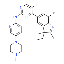 ChemSpider 2D Image | 4-(3-Ethyl-7-fluoro-2,3-dimethyl-3H-indol-5-yl)-5-fluoro-N-[5-(4-methyl-1-piperazinyl)-2-pyridinyl]-2-pyrimidinamine | C26H29F2N7