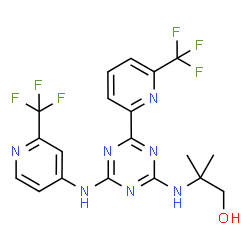 ChemSpider 2D Image | 2-Methyl-2-[(4-[6-(trifluoromethyl)-2-pyridinyl]-6-{[2-(trifluoromethyl)-4-pyridinyl]amino}-1,3,5-triazin-2-yl)amino]-1-propanol | C19H17F6N7O