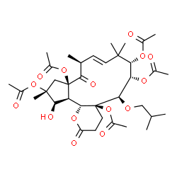 ChemSpider 2D Image | (4aS,5R,6S,7S,9E,11S,12aR,14R,15R,15aR,15bR)-15-Hydroxy-5-isobutoxy-8,8,11,14-tetramethyl-2,12-dioxo-3,4,5,6,7,8,11,12,14,15,15a,15b-dodecahydrocyclopenta[11,12]cyclododeca[1,2-b]pyran-4a,6,7,12a,14(2
H,13H)-pentayl pentaacetate | C36H52O15