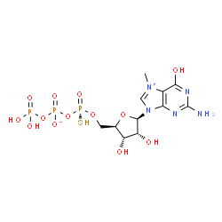 ChemSpider 2D Image | 2-Amino-6-hydroxy-7-methyl-9-{5-O-[(R)-{[(phosphonooxy)phosphinato]oxy}(sulfanyl)phosphoryl]-beta-D-ribofuranosyl}-9H-purin-7-ium | C11H18N5O13P3S