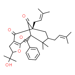 ChemSpider 2D Image | (1S,8R)-1-Benzoyl-4-(2-hydroxy-2-propanyl)-11,11-dimethyl-8,10-bis(3-methyl-2-buten-1-yl)-3-oxatricyclo[6.3.1.0~2,6~]dodec-2(6)-ene-7,12-dione | C33H42O5