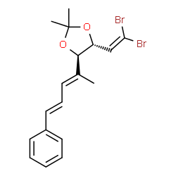 ChemSpider 2D Image | (4R,5R)-4-(2,2-Dibromovinyl)-2,2-dimethyl-5-[(2E,4E)-5-phenyl-2,4-pentadien-2-yl]-1,3-dioxolane | C18H20Br2O2