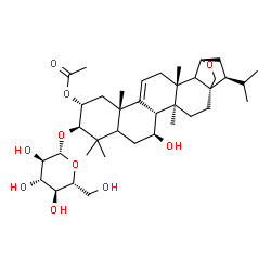 ChemSpider 2D Image | (1R,4S,5S,6S,10R,11R,13S,17R,19S,22S)-10-(beta-D-Glucopyranosyloxy)-6-hydroxy-22-isopropyl-4,9,9,13,17-pentamethyl-20-oxahexacyclo[17.2.2.0~1,18~.0~4,17~.0~5,14~.0~8,13~]tricos-14-en-11-yl acetate | C38H60O10