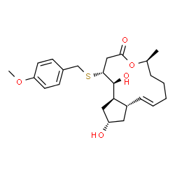 ChemSpider 2D Image | (1S,2R,6S,10E,11aS,13S,14aR)-1,13-Dihydroxy-2-[(4-methoxybenzyl)sulfanyl]-6-methyl-1,2,3,6,7,8,9,11a,12,13,14,14a-dodecahydro-4H-cyclopenta[f]oxacyclotridecin-4-one | C24H34O5S