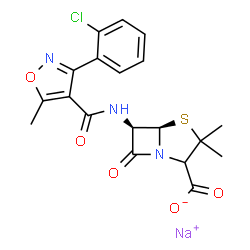ChemSpider 2D Image | Sodium (5R,6R)-6-({[3-(2-chlorophenyl)-5-methyl-1,2-oxazol-4-yl]carbonyl}amino)-3,3-dimethyl-7-oxo-4-thia-1-azabicyclo[3.2.0]heptane-2-carboxylate | C19H17ClN3NaO5S