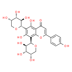 ChemSpider 2D Image | 5,7-Dihydroxy-2-(4-hydroxyphenyl)-8-[(2R,3R,4S,5S)-3,4,5-trihydroxytetrahydro-2H-pyran-2-yl]-6-[(2S,3R,4S,5S)-3,4,5-trihydroxytetrahydro-2H-pyran-2-yl]-4H-chromen-4-one | C25H26O13