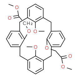 ChemSpider 2D Image | Dimethyl 2,2'-{[26,28-dimethoxypentacyclo[19.3.1.1~3,7~.1~9,13~.1~15,19~]octacosa-1(25),3(28),4,6,9(27),10,12,15(26),16,18,21,23-dodecaene-25,27-diyl]bis(oxy)}diacetate | C36H36O8