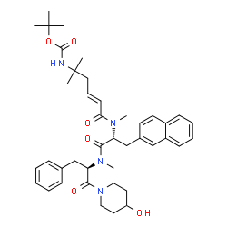 ChemSpider 2D Image | 2-Methyl-2-propanyl [(4E)-6-{[(2R)-1-{[(2R)-1-(4-hydroxy-1-piperidinyl)-1-oxo-3-phenyl-2-propanyl](methyl)amino}-3-(2-naphthyl)-1-oxo-2-propanyl](methyl)amino}-2-methyl-6-oxo-4-hexen-2-yl]carbamate | C41H54N4O6