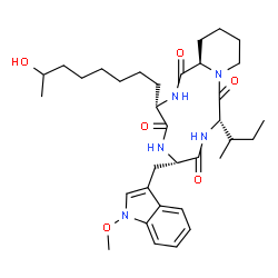 ChemSpider 2D Image | (3S,6S,9S,15aR)-9-[(2S)-2-Butanyl]-3-(7-hydroxyoctyl)-6-[(1-methoxy-1H-indol-3-yl)methyl]octahydro-2H-pyrido[1,2-a][1,4,7,10]tetraazacyclododecine-1,4,7,10(3H,12H)-tetrone | C34H51N5O6