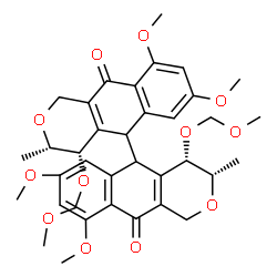 ChemSpider 2D Image | (3S,3'S,4S,4'S)-7,7',9,9'-Tetramethoxy-4,4'-bis(methoxymethoxy)-3,3'-dimethyl-1,1',3,3',4,4',5,5'-octahydro-10H,10'H-5,5'-bibenzo[g]isochromene-10,10'-dione | C36H42O12