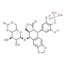ChemSpider 2D Image | 4-[(5R,5aR,8aR,9S)-9-({(5xi)-4,6-O-[(1R)-Ethylidene]-beta-D-xylo-hexopyranosyl}oxy)-6-oxo-5,5a,6,8,8a,9-hexahydrofuro[3',4':6,7]naphtho[2,3-d][1,3]dioxol-5-yl]-2,6-dimethoxyphenyl dihydrogen phosphate | C29H33O16P