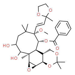 ChemSpider 2D Image | (1aR,1bR,5aR,5bS,6R,7S,11aR,11bS)-10,11-Dihydroxy-7-methoxy-3,3,8,8,11a-pentamethyl-7-[(E)-2-(2-methyl-1,3-dioxolan-2-yl)vinyl]dodecahydro-1bH-cycloocta[f]oxireno[h][1,3]benzodioxin-6-yl benzoate | C33H46O10