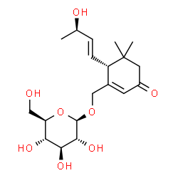 ChemSpider 2D Image | {(6R)-6-[(1E,3R)-3-Hydroxy-1-buten-1-yl]-5,5-dimethyl-3-oxo-1-cyclohexen-1-yl}methyl beta-D-glucopyranoside | C19H30O8