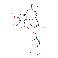 ChemSpider 2D Image | 6,7,8,9,11-Pentamethoxy-10-[(4-nitrobenzyl)oxy]-3a,4-dihydrodibenzo[4,5:6,7]cycloocta[1,2-c]furan-1(3H)-one | C30H29NO10