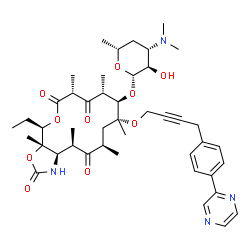 ChemSpider 2D Image | (3aS,4R,7R,9R,10R,11R,13R,15R,15aR)-4-Ethyl-3a,7,9,11,13,15-hexamethyl-2,6,8,14-tetraoxo-11-({4-[4-(2-pyrazinyl)phenyl]-2-butyn-1-yl}oxy)tetradecahydro-2H-oxacyclotetradecino[4,3-d][1,3]oxazol-10-yl 3
,4,6-trideoxy-3-(dimethylamino)-beta-D-xylo-hexopyranoside | C44H60N4O10