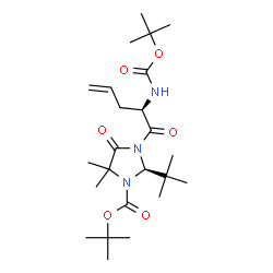 ChemSpider 2D Image | 2-Methyl-2-propanyl (2R)-5,5-dimethyl-2-(2-methyl-2-propanyl)-3-[(2R)-2-({[(2-methyl-2-propanyl)oxy]carbonyl}amino)-4-pentenoyl]-4-oxo-1-imidazolidinecarboxylate | C24H41N3O6