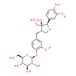 ChemSpider 2D Image | 4-{[(3S,4S,5R)-4-Hydroxy-5-(4-hydroxy-3-methoxyphenyl)-4-(hydroxymethyl)tetrahydro-3-furanyl]methyl}-2-methoxyphenyl beta-D-glucopyranoside | C26H34O12