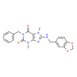 ChemSpider 2D Image | 8-[(1,3-Benzodioxol-5-ylmethyl)amino]-1-benzyl-3,7-dimethyl-3,7-dihydro-1H-purine-2,6-dione | C22H21N5O4